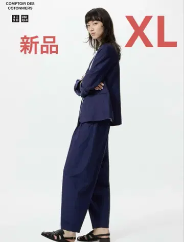 UNIQLO 린넨 블렌드 배럴 레그 팬츠 기장 표준 블루 XL