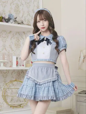 스카이블루 체크 무늬 프릴 셋업 리리파레