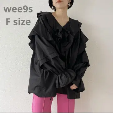 wee9s 빅 칼라 프릴 블라우스 긴팔 블랙