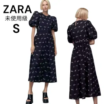 ZARA 자수 포플린 원피스 퍼프 슬리브 S 꽃무늬 블랙