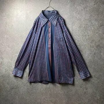 vintage 구제 의류 긴팔 셔츠 올 패턴 네이비 빈티지