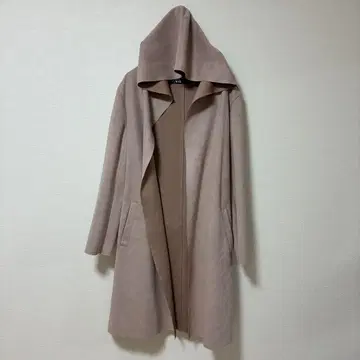 ZARA 후드 부착 핑크 베이지 롱 코트 여성용 M 사이즈