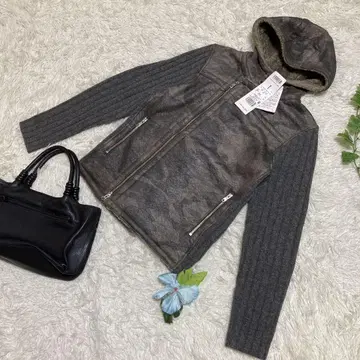 미사용 새상품 인터메조 페이크 무스탕 자켓 카모플라쥬 니트 절개 48