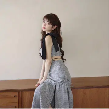 Randy 백 오픈 하운드 체크 원피스