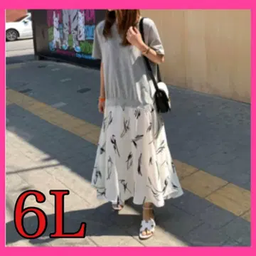 [화이트, 6L] 여성용 넉넉한 롱 원피스 반팔 도킹 봄/여름 5XL