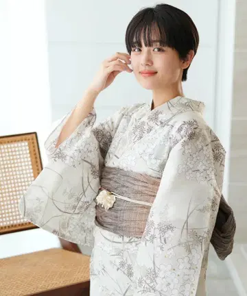 병아리 상점 고급 변형 직물 유카타 3개 세트 베이지에 수국 부케
