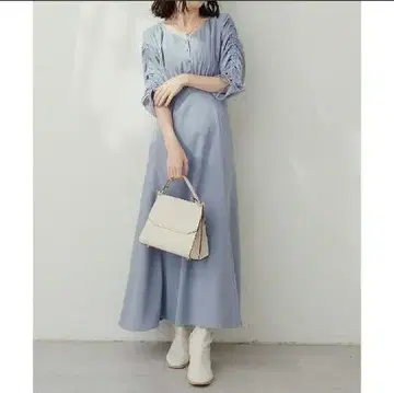 natural couture 소매 드로스트 V 넥 원피스 블루