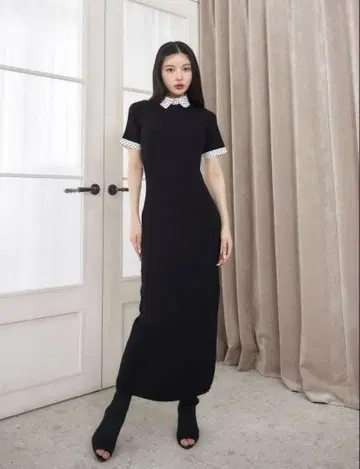 백 오픈 도트 니트 롱 원피스
