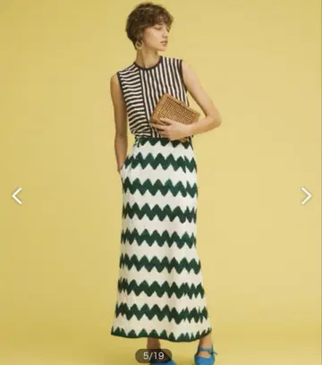 GALERIE VIE 린넨 A 라인 롱 스커트 그린 파도 그린