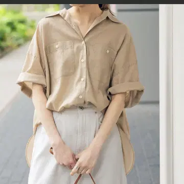 베이지 버튼 반팔 셔츠