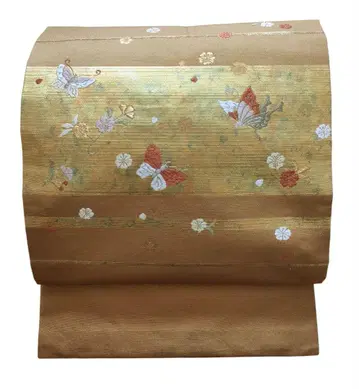 나고야 오비, 나고야 오타이코 패턴, 브라운 라메 금채, 나비, 꽃 자수