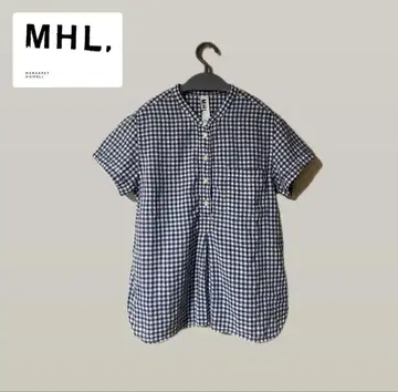 MHL 린넨 코튼 깅엄 체크 밴드 카라 블라우스 하프 버튼
