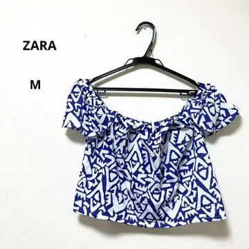 ZARA 오프숄더 기하학 패턴 상의 블루 화이트 숏 기장 자라 M 여름