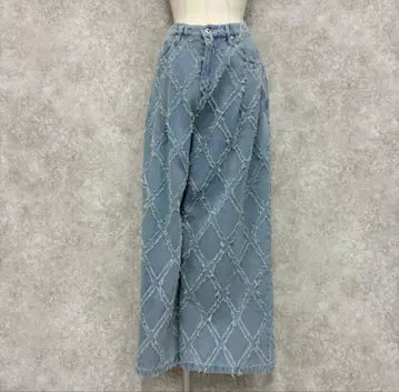 격자 프린지 데님 와이드 팬츠 라이트 블루