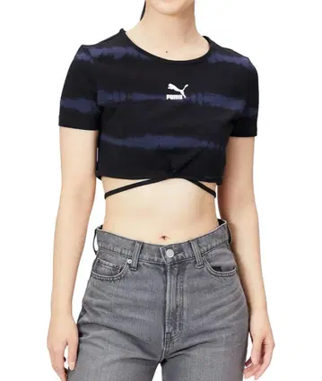 PUMA 크롭 T셔츠 블랙/네이비 숏 기장 타이다이 패턴