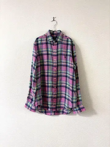 컨디션 최상 폴로 랄프로렌 린넨 드레스 셔츠 마드라스 체크 핑크 S