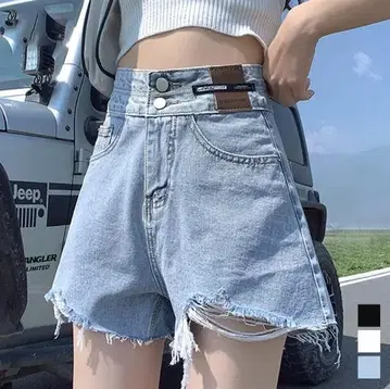 슬림 레그 하이 웨스트 데님 숏 팬츠 빈티지풍 컷오프 밑단 더블