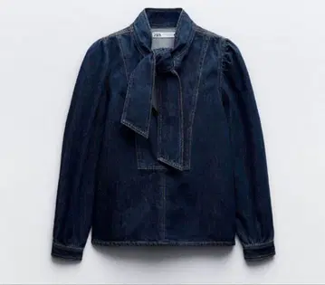 택 포함 ZARA 리본 데님 블라우스 보타이 블라우스 XS 블루