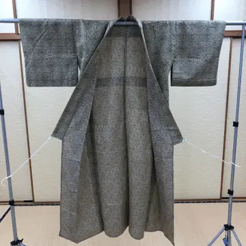 [ 기모노 ] 순수 실크 홑옷  코몬 카스리 기하학 문양 올리브 계열