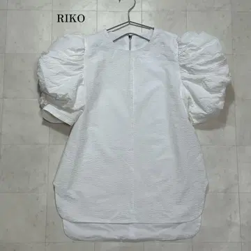 RIKO Tokyo 블라우스 퍼프 슬리브 면 과자 반팔 화이트 Free