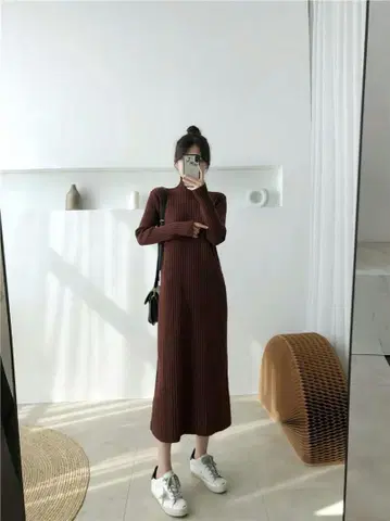 리브 니트 브라운 롱 원피스