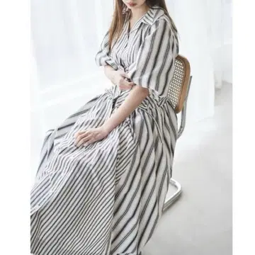 릴리 브라운 선염 스트라이프 볼륨 원피스 롱