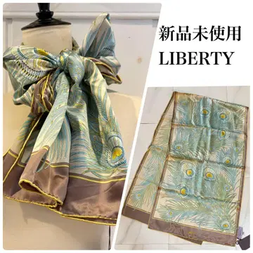 미사용 새상품 LIBERTY 이탈리아제 실크 스카프 공작 블루 x 베이지