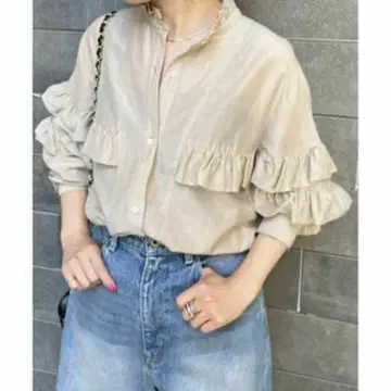 스픽 앤 스팬 코튼 실크 티어드 프릴 슬리브 블라우스 블라우스
