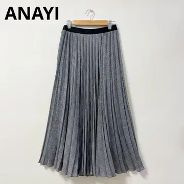 ANAYI 롱 스커트 여성용 38 플리츠 글렌체크 그레이