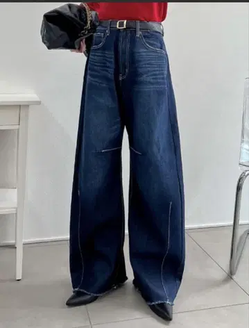 Re:EDIT 밑단 프린지 배럴 레그 데님 팬츠 네이비 M 사이즈
