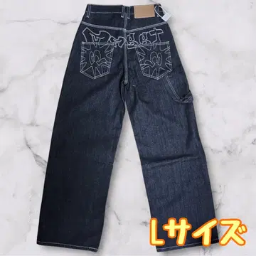 배기 데님 자수 와이드 청바지 데님 블랙 아메리칸 L