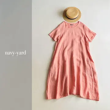 navy-yard 린넨 100% A라인 원피스 살몬 핑크 일본제