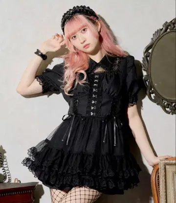 노에미 레이스업 튤 티어드 원피스 셋업 블랙 지뢰계 양산형