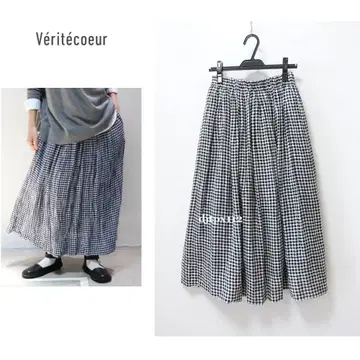 컨디션 최상*Veritecoeur*깅엄 체크 린넨 셔링 스커트