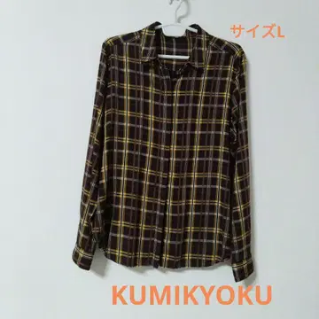 KUMIKYOKU 셔츠 블라우스 브라운 계열 체크 긴팔 여성 상의