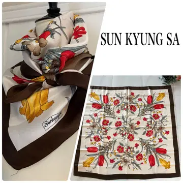 SUN KYUNGSA 실크 스카프 꽃무늬 대형 정사각형