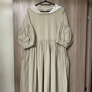 작가 핸드메이드 패치워크 세일러 카라 원피스 베이지