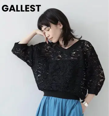 GALLEST 2WAY 레이스 상의 꽃무늬 레이스 오부 소매 니트 블랙
