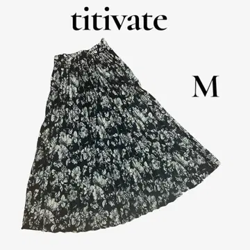 새상품급 titivate 롱 스커트 플리츠 스커트 여성용 꽃무늬 밴딩