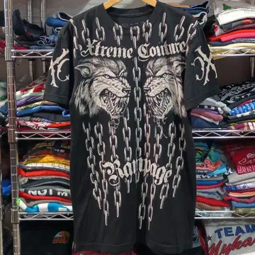 미국 구제 의류 Xtreme Couture 체인 늑대 빅 프린트 티셔츠