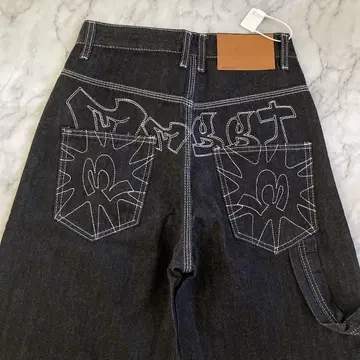 배기 데님 아메리칸 자수 와이드 레그 청바지 M 블랙