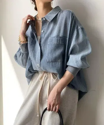 두두 DOUDOU 소매 리브 시어 데님 셔츠