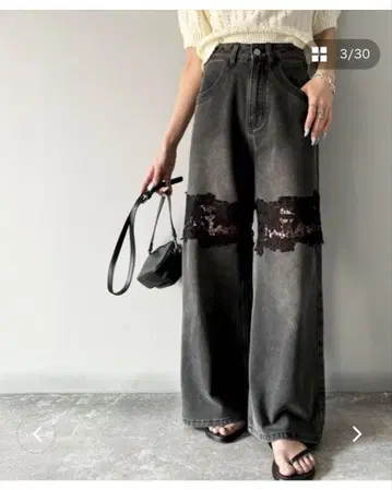 꽃무늬 레이스 와이드 데님 팬츠 MILY BILET