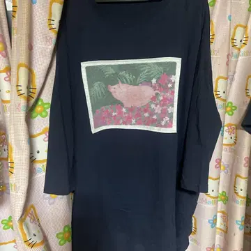 돼지와 꽃 프린트 5부 소매 티셔츠