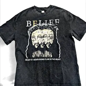 BELIEF 그래픽 티셔츠 블랙 빈티지 스타일 남녀 공용