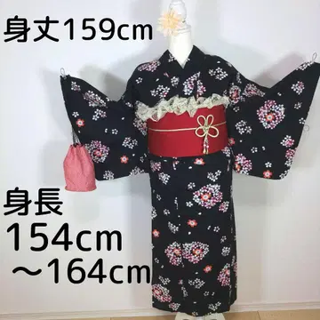 여성용 유카타 세트 기장 159cm 블랙 블랙 벚꽃 오비 크림슨 레이스