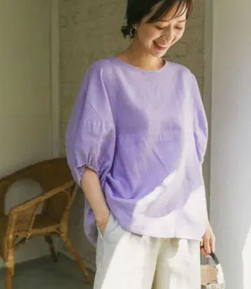어반 리서치 린넨 벌룬 슬리브 블라우스 퍼플