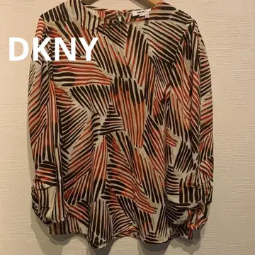 DKNY 블랙 크림슨 카키 스트라이프풍 에스닉 패턴 블라우스 S 사이즈