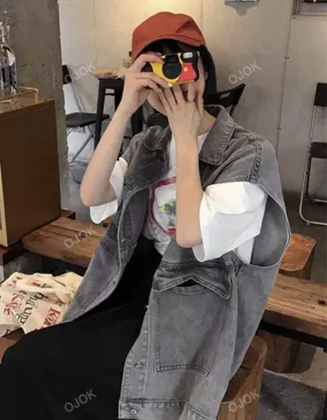 워시드 버튼 프론트 오버 사이즈 데님 베스트