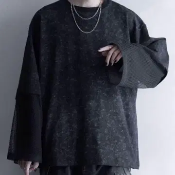 LILL 티셔츠 빈티지 메쉬 페이크 레이어드 컷 티셔츠